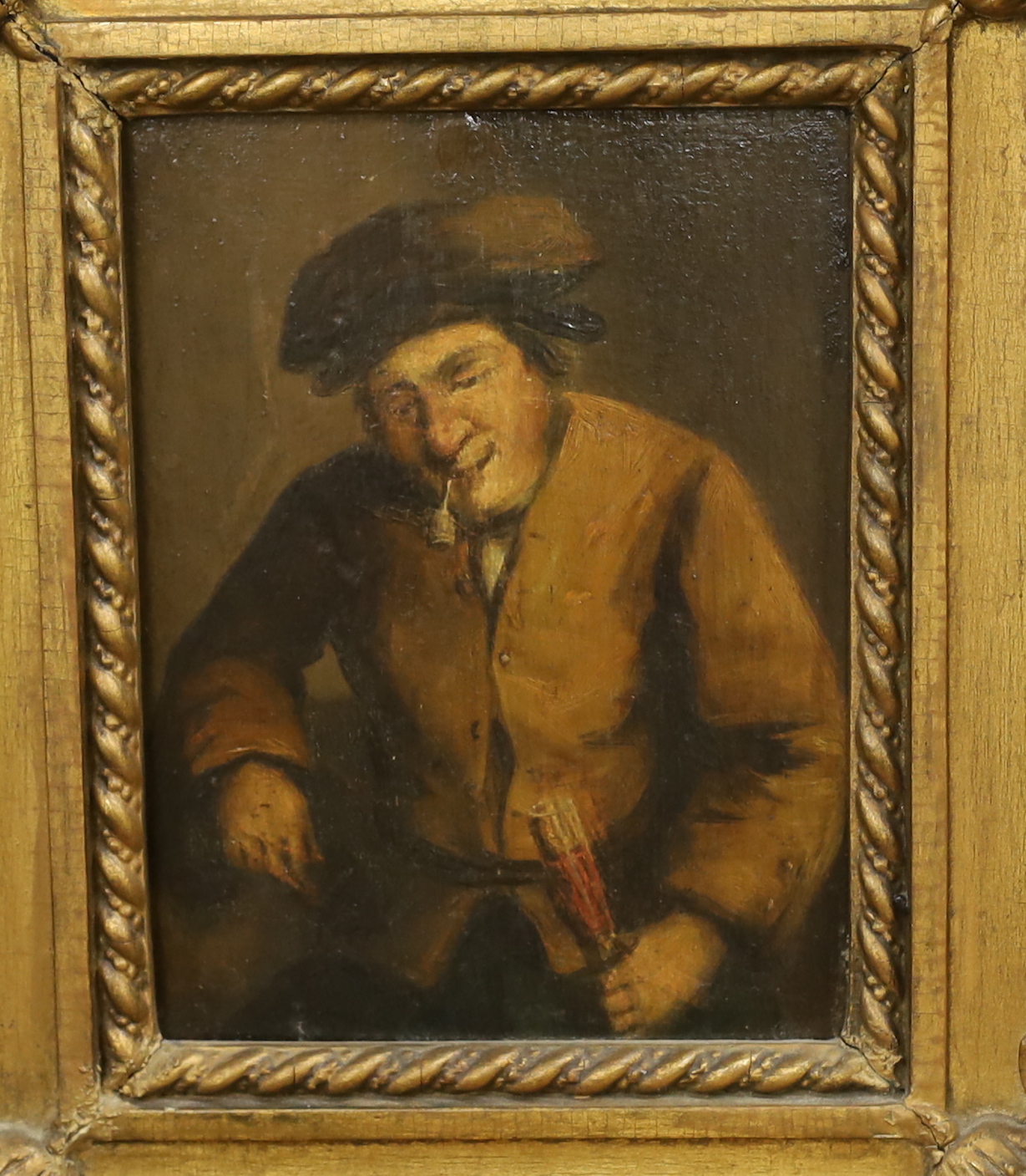 19th century Dutch School, oil on panel, Study of a pipe smoker, unsigned, 17 x 13cm, ornate gilt framed